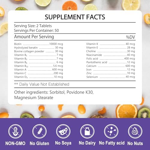 KFG Biotina 10000mcg, Multivitamínico para Mujeres con Queratina, Colágeno, Calcio, Niacinamida y Vitaminas A, B, D, C, E, 100 Tabletas para Cabello, - imagen 2