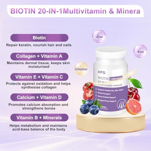 KFG Biotina 10000mcg, Multivitamínico para Mujeres con Queratina, Colágeno, Calcio, Niacinamida y Vitaminas A, B, D, C, E, 100 Tabletas para Cabello, - imagen 3