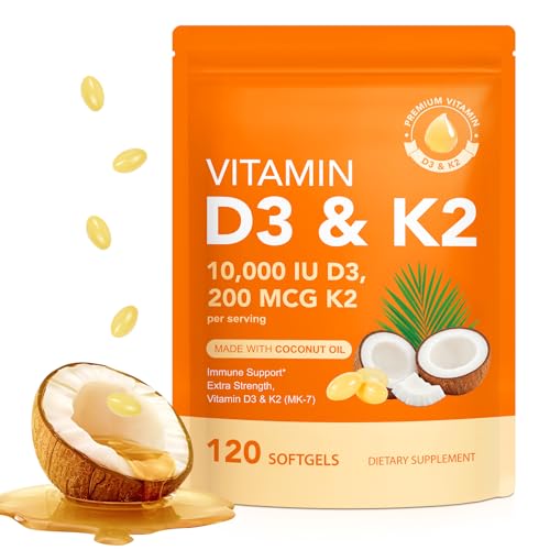 Vitamina D3 K2 10000 UI con 200 mg, Cápsulas de Vitamina D3 y K2, Complejo 2 en 1 con Aceite de Coco Virgen, 120 Softgels, Fáciles de Tragar y No OGM - imagen 1