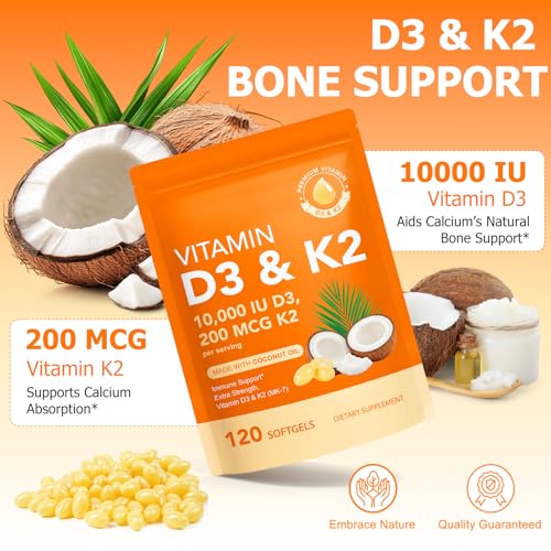 Vitamina D3 K2 10000 UI con 200 mg, Cápsulas de Vitamina D3 y K2, Complejo 2 en 1 con Aceite de Coco Virgen, 120 Softgels, Fáciles de Tragar y No OGM - imagen 3