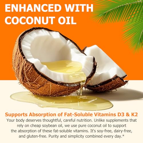 Vitamina D3 K2 10000 UI con 200 mg, Cápsulas de Vitamina D3 y K2, Complejo 2 en 1 con Aceite de Coco Virgen, 120 Softgels, Fáciles de Tragar y No OGM - imagen 5
