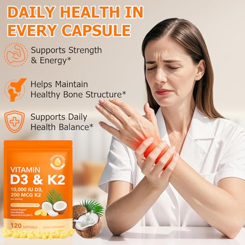 Vitamina D3 K2 10000 UI con 200 mg, Cápsulas de Vitamina D3 y K2, Complejo 2 en 1 con Aceite de Coco Virgen, 120 Softgels, Fáciles de Tragar y No OGM - imagen 8