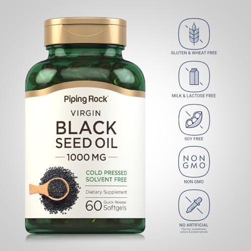 Cápsulas de Aceite de Semilla Negra Piping Rock | 1000mg | 60 Píldoras | Prensado en Frío, Sin Solventes | Suplemento No Transgénico y Sin Gluten - imagen 3