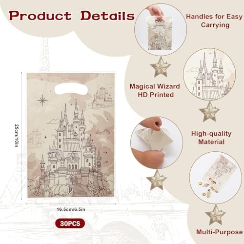 Mikzhskr 30 Pzs Bolsas de Fiesta Mágicas de Wizard con Asa, Plásticas y Resistentes al Agua, Tema Castillo Viejo, para Regalos de Cumpleaños, 10 x 7 - imagen 2