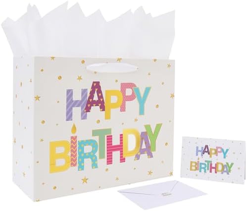 Set de Bolsa de Regalo Grande Qirrmiy de 13'' para Cumpleaños con Asa, Tarjeta de Felicitación, Papel de Seda Blanco y Stickers, Diseño de Letras de - imagen 1