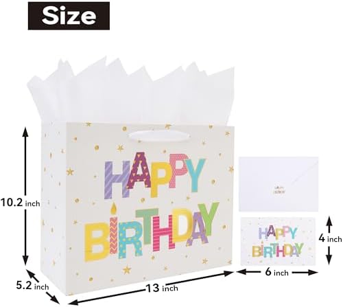 Set de Bolsa de Regalo Grande Qirrmiy de 13'' para Cumpleaños con Asa, Tarjeta de Felicitación, Papel de Seda Blanco y Stickers, Diseño de Letras de - imagen 2