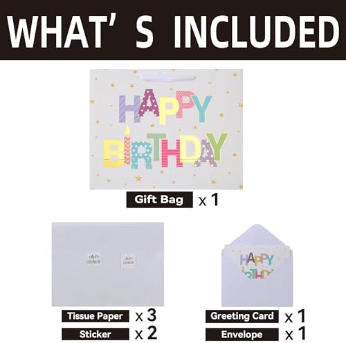 Set de Bolsa de Regalo Grande Qirrmiy de 13'' para Cumpleaños con Asa, Tarjeta de Felicitación, Papel de Seda Blanco y Stickers, Diseño de Letras de - imagen 3