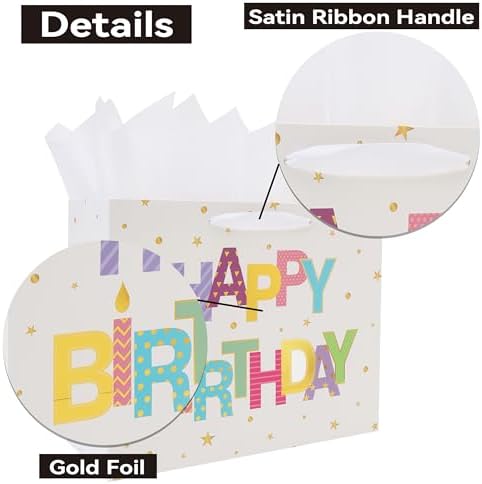 Set de Bolsa de Regalo Grande Qirrmiy de 13'' para Cumpleaños con Asa, Tarjeta de Felicitación, Papel de Seda Blanco y Stickers, Diseño de Letras de - imagen 4