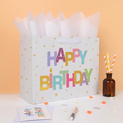 Set de Bolsa de Regalo Grande Qirrmiy de 13'' para Cumpleaños con Asa, Tarjeta de Felicitación, Papel de Seda Blanco y Stickers, Diseño de Letras de - imagen 5