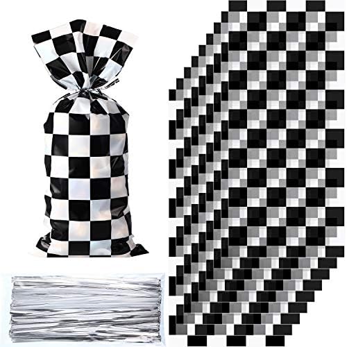 Bolsas de Celofán para Caramelos Blulu 100 Piezas, Rayas Blancas y Negras, Bolsas de Regalo para Fiestas de Cumpleaños de Autos con 100 Cierres de - imagen 1