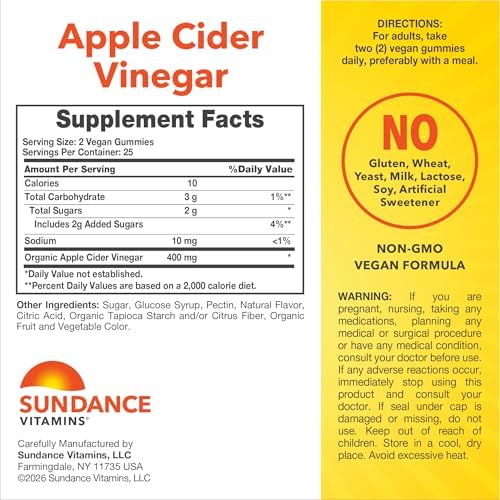 Gomitas de Vinagre de Sidra de Manzana Sundance | 50 Piezas | Sabor Manzana | Suplemento Vegano, No GMO y Sin Gluten - imagen 2