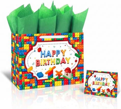 BOLSA DE REGALO BATYONGOGA 13 Grande con Tarjeta de Felicitación y Papel de Seda - Temática de Ladrillos para Fiestas de Cumpleaños de Niños - imagen 1