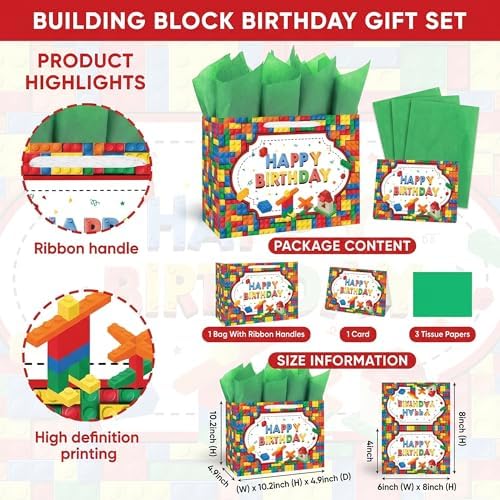 BOLSA DE REGALO BATYONGOGA 13 Grande con Tarjeta de Felicitación y Papel de Seda - Temática de Ladrillos para Fiestas de Cumpleaños de Niños - imagen 3
