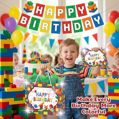 BOLSA DE REGALO BATYONGOGA 13 Grande con Tarjeta de Felicitación y Papel de Seda - Temática de Ladrillos para Fiestas de Cumpleaños de Niños - imagen 4