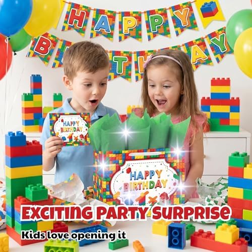 BOLSA DE REGALO BATYONGOGA 13 Grande con Tarjeta de Felicitación y Papel de Seda - Temática de Ladrillos para Fiestas de Cumpleaños de Niños - imagen 5