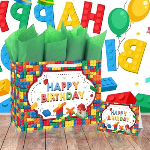 BOLSA DE REGALO BATYONGOGA 13 Grande con Tarjeta de Felicitación y Papel de Seda - Temática de Ladrillos para Fiestas de Cumpleaños de Niños - imagen 8