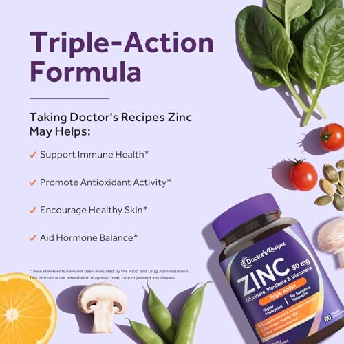 Suplemento de Zinc 50mg Doctor's Recipes, Triple Acción para Inmunidad, Zinc Picolinato, Glicinato y Gluconato, 60 Cápsulas Veganas, Salud de la Piel - imagen 3