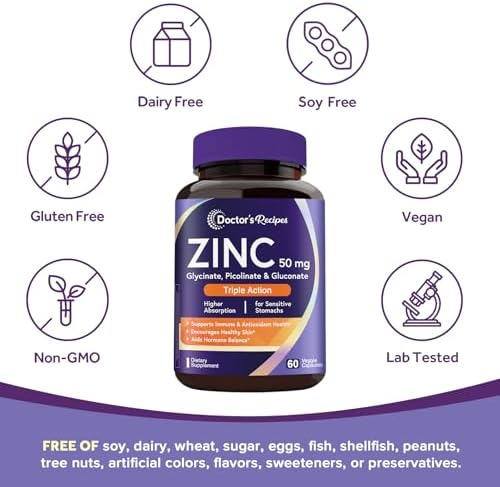 Suplemento de Zinc 50mg Doctor's Recipes, Triple Acción para Inmunidad, Zinc Picolinato, Glicinato y Gluconato, 60 Cápsulas Veganas, Salud de la Piel - imagen 5