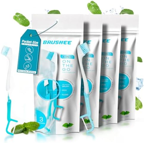 Brushee - Evolución del Cuidado Bucal | Herramienta 4 en 1 (Pasta + Cepillo + Hilo Dental + Pua) | Envueltos Individualmente | Desechables | Cepillos - imagen 1