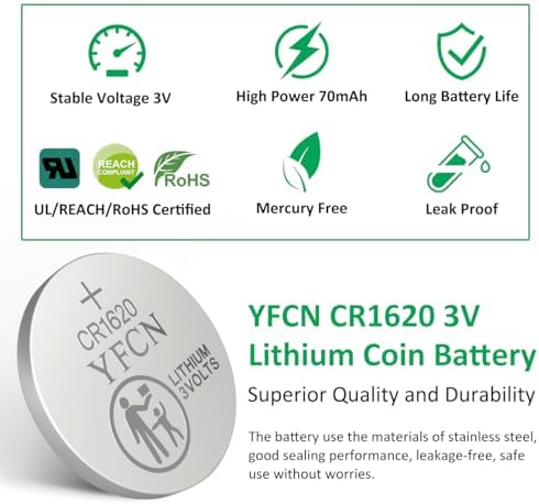 Batería YFCN CR1620 de Litio 3V - Paquete de 5 Baterías CR1620 para Llave de Auto, Control Remoto, Relojes - Baterías de Moneda CR 1620 - 3 Años de - imagen 2