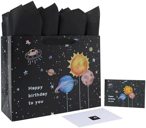 Set de Bolsa de Regalo Grande Qirrmiy de 13” para Cumpleaños con Manijas, Tarjeta de Felicitación, Papel de Seda Negro y Stickers para Niños y Bebés, - imagen 1