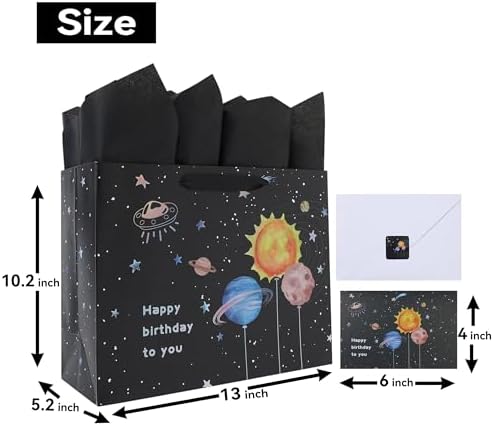 Set de Bolsa de Regalo Grande Qirrmiy de 13” para Cumpleaños con Manijas, Tarjeta de Felicitación, Papel de Seda Negro y Stickers para Niños y Bebés, - imagen 2