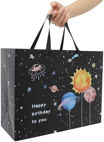 Set de Bolsa de Regalo Grande Qirrmiy de 13” para Cumpleaños con Manijas, Tarjeta de Felicitación, Papel de Seda Negro y Stickers para Niños y Bebés, - imagen 6