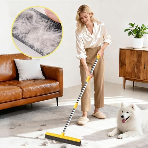 Escoba de Goma para Remover Pelo de Mascotas, Rastrillo para Alfombras con Limpiaparabrisas, Mango Largo de 52 Pulgadas, Doble Cara para Alfombra - imagen 3