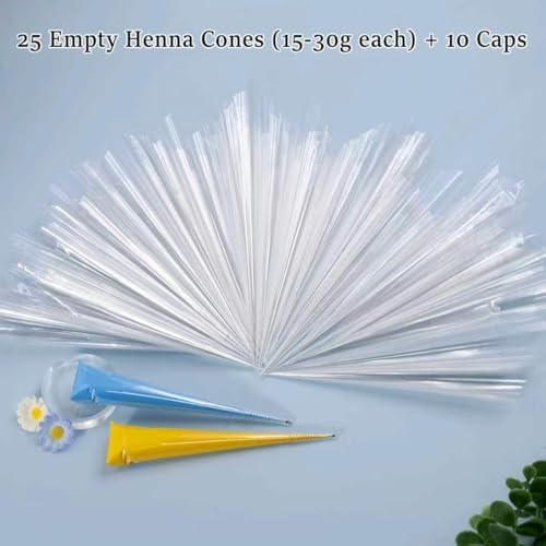 25 Piezas de Conos Vacíos para Henna con 10 Tapas | Aplicador de Celofán Preenrollado con Punta de Precisión 0.1mm para Pasta de Henna, Gel Jagua, y - imagen 5