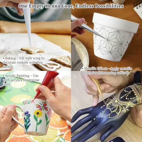 25 Piezas de Conos Vacíos para Henna con 10 Tapas | Aplicador de Celofán Preenrollado con Punta de Precisión 0.1mm para Pasta de Henna, Gel Jagua, y - imagen 7