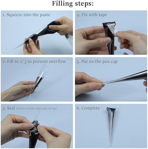 25 Piezas de Conos Vacíos para Henna con 10 Tapas | Aplicador de Celofán Preenrollado con Punta de Precisión 0.1mm para Pasta de Henna, Gel Jagua, y - imagen 8