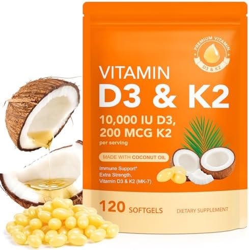 Suplemento de Vitamina D3 K2 10000 IU con Aceite de Coco, Fórmula 2 en 1, 200 mcg (MK-7) en Softgels para Absorción de Calcio, Inmunidad y Salud Ósea - imagen 1