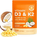 Suplemento de Vitamina D3 K2 10000 IU con Aceite de Coco, Fórmula 2 en 1, 200 mcg (MK-7) en Softgels para Absorción de Calcio, Inmunidad y Salud Ósea - imagen 1