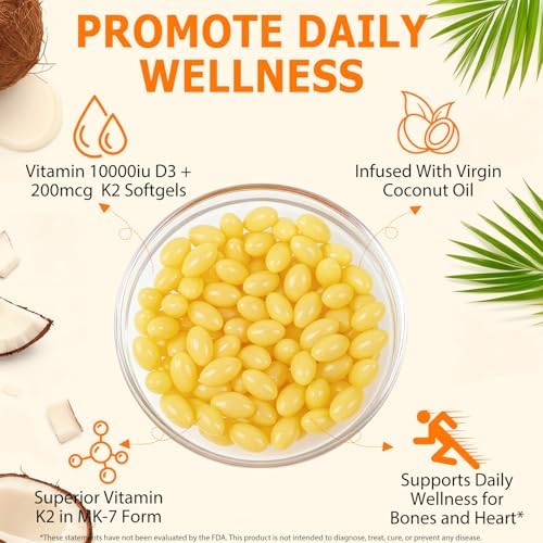 Suplemento de Vitamina D3 K2 10000 IU con Aceite de Coco, Fórmula 2 en 1, 200 mcg (MK-7) en Softgels para Absorción de Calcio, Inmunidad y Salud Ósea - imagen 3