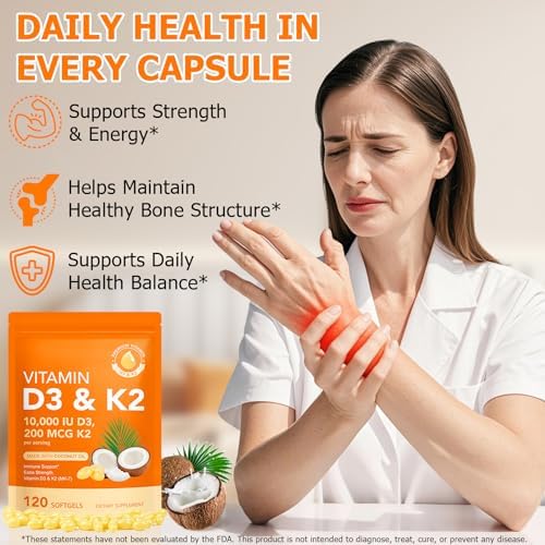 Suplemento de Vitamina D3 K2 10000 IU con Aceite de Coco, Fórmula 2 en 1, 200 mcg (MK-7) en Softgels para Absorción de Calcio, Inmunidad y Salud Ósea - imagen 8