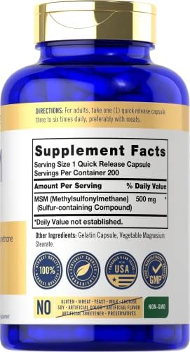 Cápsulas de Suplemento Carlyle MSM | 500mg | 200 Contenido | Fórmula Sin OGM y Libre de Gluten | Metilsulfonilmetano - imagen 2