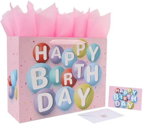 Set de Bolsa de Regalo Extra Grande de 16.5” Wishinside para Cumpleaños, con Tarjeta, Papel de Seda y Calcomanías, Diseño de Globos Coloridos, 1 Pz - imagen 1
