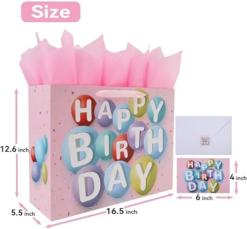 Set de Bolsa de Regalo Extra Grande de 16.5” Wishinside para Cumpleaños, con Tarjeta, Papel de Seda y Calcomanías, Diseño de Globos Coloridos, 1 Pz - imagen 2