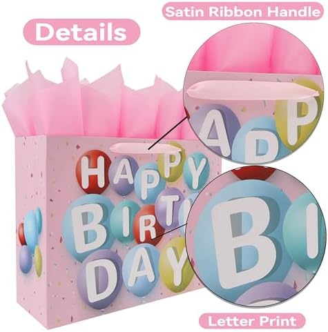 Set de Bolsa de Regalo Extra Grande de 16.5” Wishinside para Cumpleaños, con Tarjeta, Papel de Seda y Calcomanías, Diseño de Globos Coloridos, 1 Pz - imagen 4