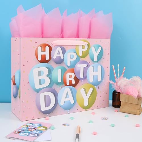 Set de Bolsa de Regalo Extra Grande de 16.5” Wishinside para Cumpleaños, con Tarjeta, Papel de Seda y Calcomanías, Diseño de Globos Coloridos, 1 Pz - imagen 5