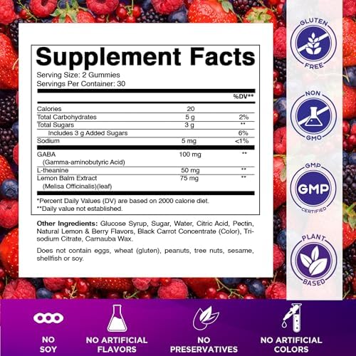 Gomitas Vitamatic para Alivio del Estrés con GABA, L-Teanina y Melisa – Sabor Limón y Frutos Rojos – 60 Gomitas – Veganas, Sin OGM, Sin Gluten - imagen 2