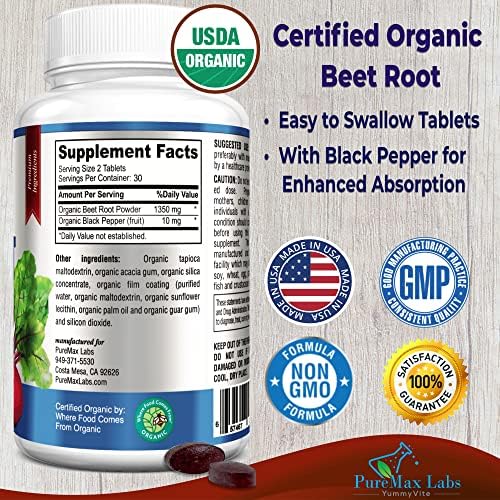 Tabletas de Polvo de Remolacha Orgánica YUMMYVITE - 1350mg con Pimienta Negra para Mayor Absorción - Aumenta el Óxido Nítrico para Energía y - imagen 2