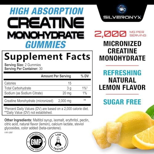 Gomitas de Creatina - 1000 MG (1g) de Creatina Monohidratada por Gummy - Mejor Creatina Micronizada, Sin Azúcar - 60 Gomitas de Limón para Hombres y - imagen 2