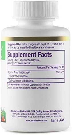 Amla de Paradise Herbs, 250 mg, Vitamina C Orgánica de Espectro Completo, Antioxidante, Suplemento Ayurvédico 60 Cápsulas Vegetarianas - imagen 7