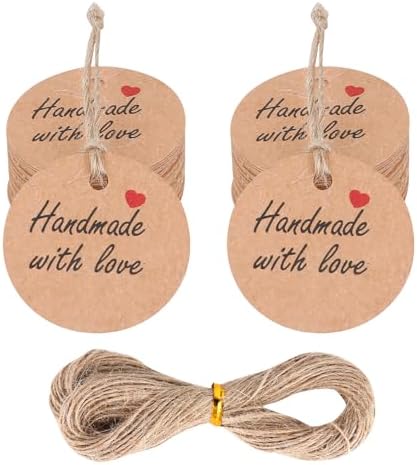 100 Piezas de Etiquetas de Papel Hechas a Mano con Amor, Redondas de 1.2” en Color Marrón, Etiquetas para Regalos con 20 m de Hilo, Personalizadas - imagen 1