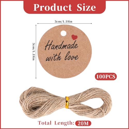 100 Piezas de Etiquetas de Papel Hechas a Mano con Amor, Redondas de 1.2” en Color Marrón, Etiquetas para Regalos con 20 m de Hilo, Personalizadas - imagen 2