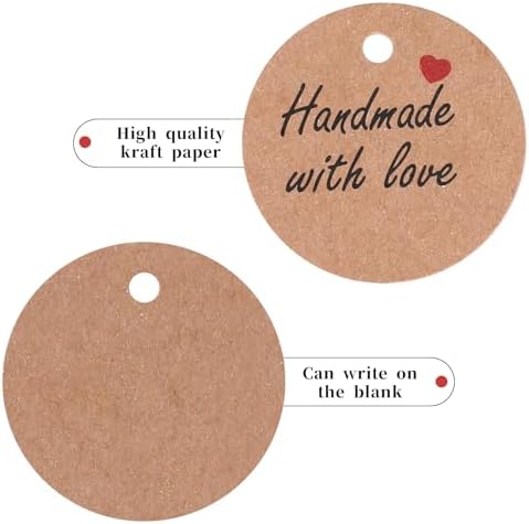 100 Piezas de Etiquetas de Papel Hechas a Mano con Amor, Redondas de 1.2” en Color Marrón, Etiquetas para Regalos con 20 m de Hilo, Personalizadas - imagen 3