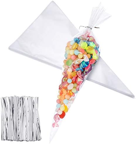 Bolsas de Tratamiento en Forma de Cono Outus, 100 Pcs, 6.3 x 11.8 Pulgadas, Plástico Transparente para Dulces, Palomitas y Regalos de Fiesta - imagen 1