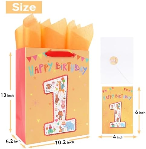 Set de Bolsa de Regalo Grande de 13'' para Niños y Niñas, Fiesta de 1er Cumpleaños, Incluye Tarjeta, Papel de Seda y Stickers, Diseño de Animales, 1 - imagen 2