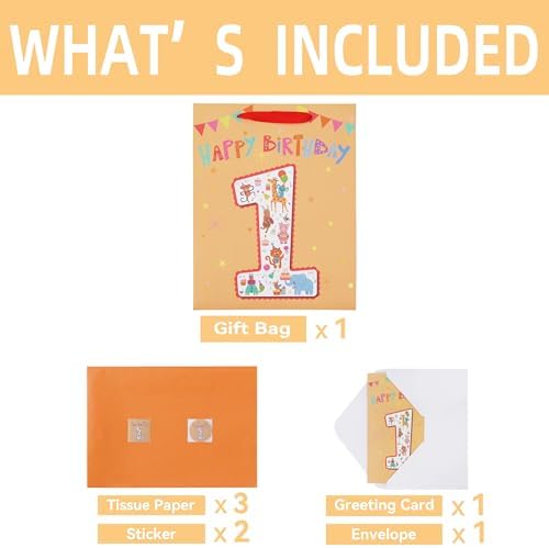 Set de Bolsa de Regalo Grande de 13'' para Niños y Niñas, Fiesta de 1er Cumpleaños, Incluye Tarjeta, Papel de Seda y Stickers, Diseño de Animales, 1 - imagen 3